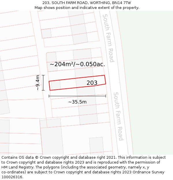 203, SOUTH FARM ROAD, WORTHING, BN14 7TW: Plot and title map