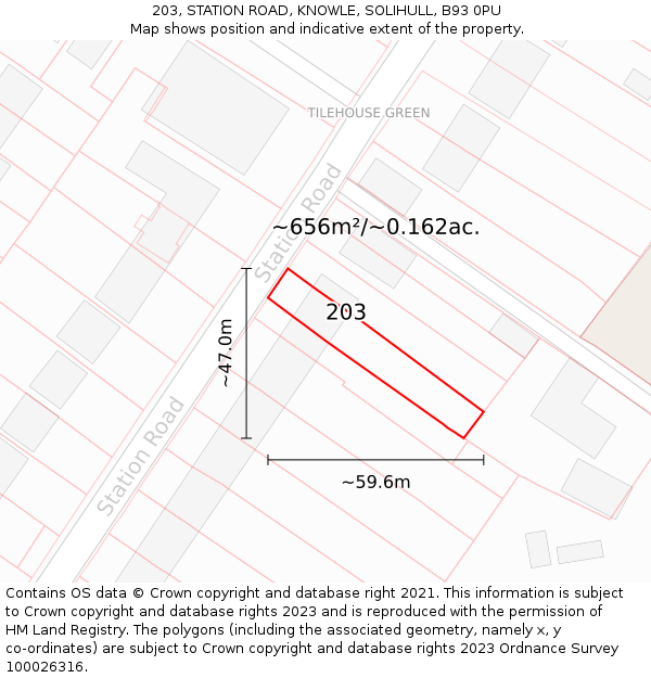 203, STATION ROAD, KNOWLE, SOLIHULL, B93 0PU: Plot and title map