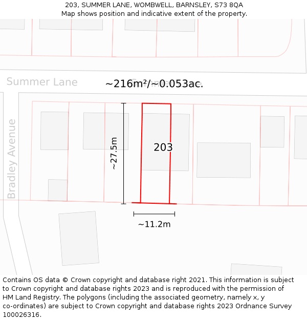 203, SUMMER LANE, WOMBWELL, BARNSLEY, S73 8QA: Plot and title map