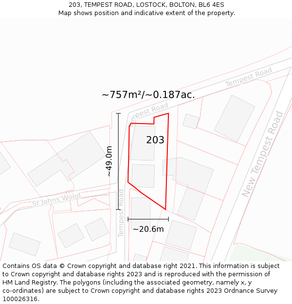 203, TEMPEST ROAD, LOSTOCK, BOLTON, BL6 4ES: Plot and title map