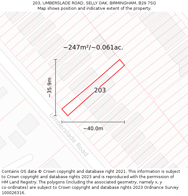 203, UMBERSLADE ROAD, SELLY OAK, BIRMINGHAM, B29 7SG: Plot and title map