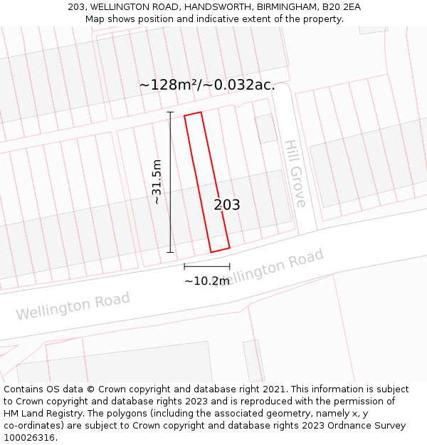 203, WELLINGTON ROAD, HANDSWORTH, BIRMINGHAM, B20 2EA: Plot and title map
