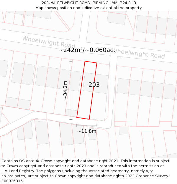 203, WHEELWRIGHT ROAD, BIRMINGHAM, B24 8HR: Plot and title map