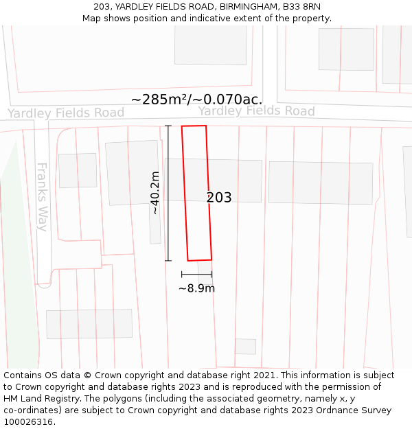 203, YARDLEY FIELDS ROAD, BIRMINGHAM, B33 8RN: Plot and title map