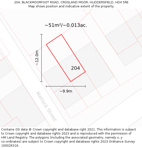 204, BLACKMOORFOOT ROAD, CROSLAND MOOR, HUDDERSFIELD, HD4 5RE: Plot and title map