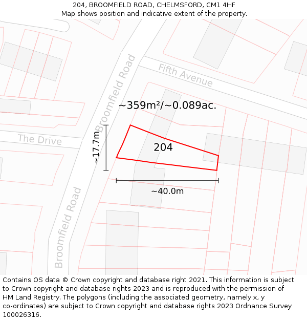 204, BROOMFIELD ROAD, CHELMSFORD, CM1 4HF: Plot and title map