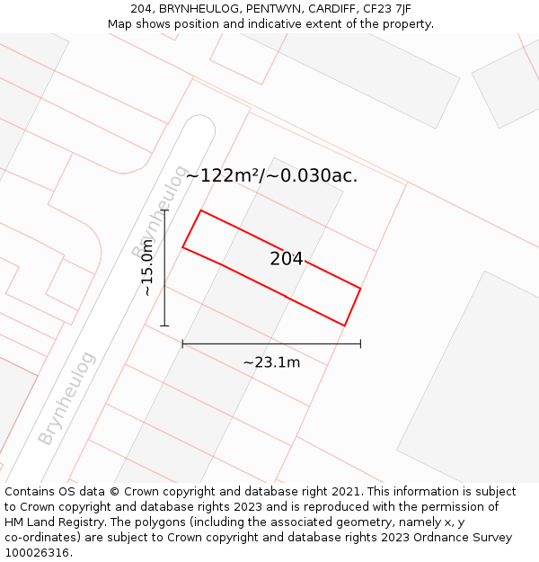 204, BRYNHEULOG, PENTWYN, CARDIFF, CF23 7JF: Plot and title map