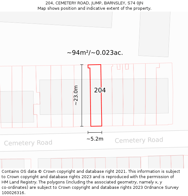 204, CEMETERY ROAD, JUMP, BARNSLEY, S74 0JN: Plot and title map