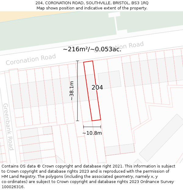 204, CORONATION ROAD, SOUTHVILLE, BRISTOL, BS3 1RQ: Plot and title map