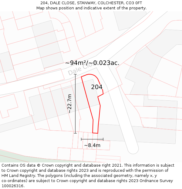 204, DALE CLOSE, STANWAY, COLCHESTER, CO3 0FT: Plot and title map