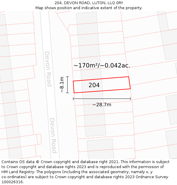 204, DEVON ROAD, LUTON, LU2 0RY: Plot and title map