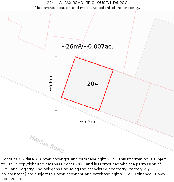 204, HALIFAX ROAD, BRIGHOUSE, HD6 2QG: Plot and title map