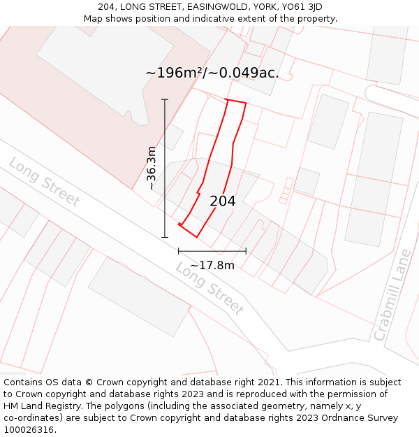 204, LONG STREET, EASINGWOLD, YORK, YO61 3JD: Plot and title map