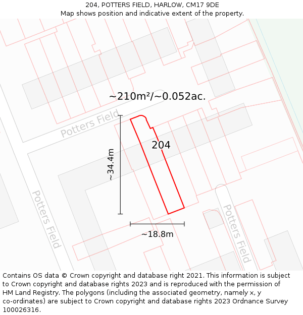 204, POTTERS FIELD, HARLOW, CM17 9DE: Plot and title map