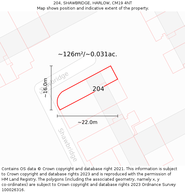 204, SHAWBRIDGE, HARLOW, CM19 4NT: Plot and title map