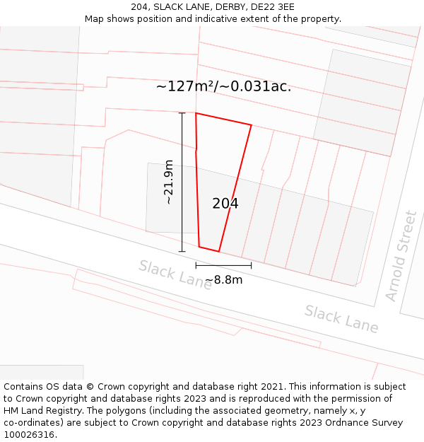 204, SLACK LANE, DERBY, DE22 3EE: Plot and title map