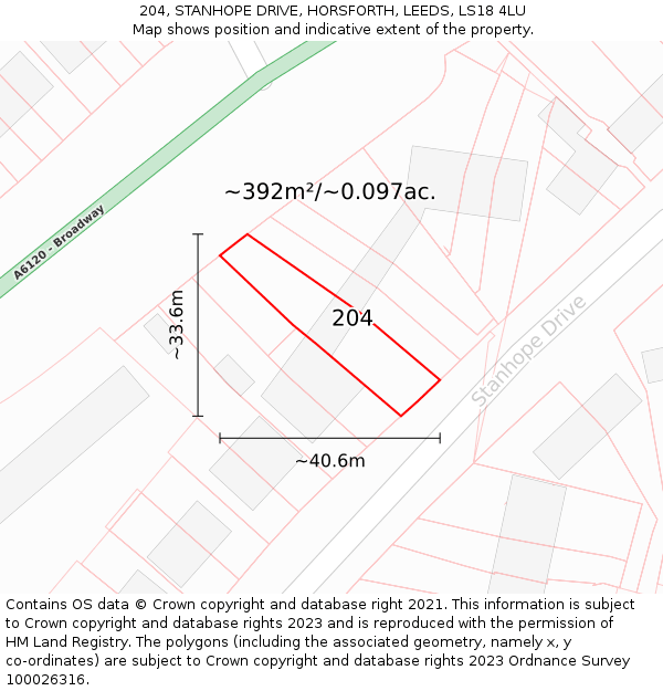 204, STANHOPE DRIVE, HORSFORTH, LEEDS, LS18 4LU: Plot and title map