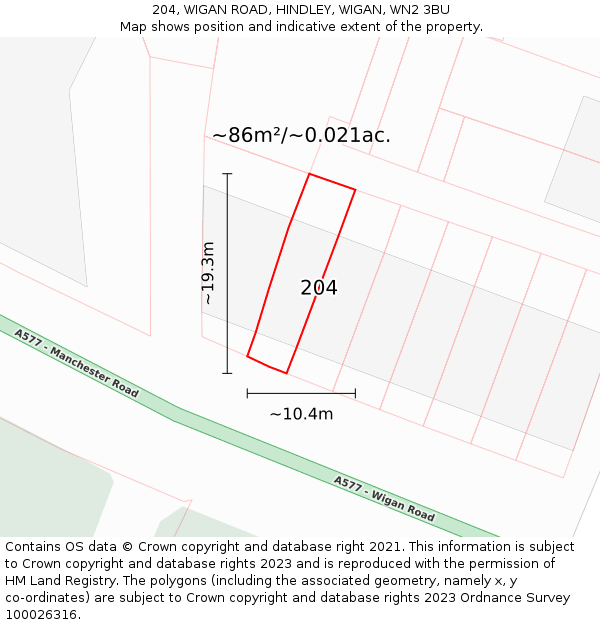 204, WIGAN ROAD, HINDLEY, WIGAN, WN2 3BU: Plot and title map