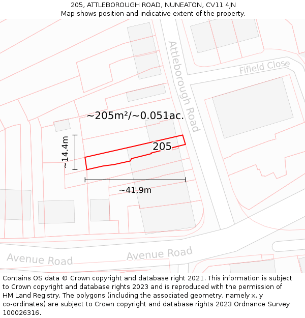 205, ATTLEBOROUGH ROAD, NUNEATON, CV11 4JN: Plot and title map