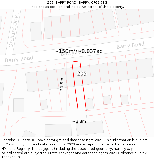 205, BARRY ROAD, BARRY, CF62 9BG: Plot and title map