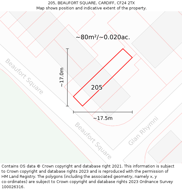 205, BEAUFORT SQUARE, CARDIFF, CF24 2TX: Plot and title map