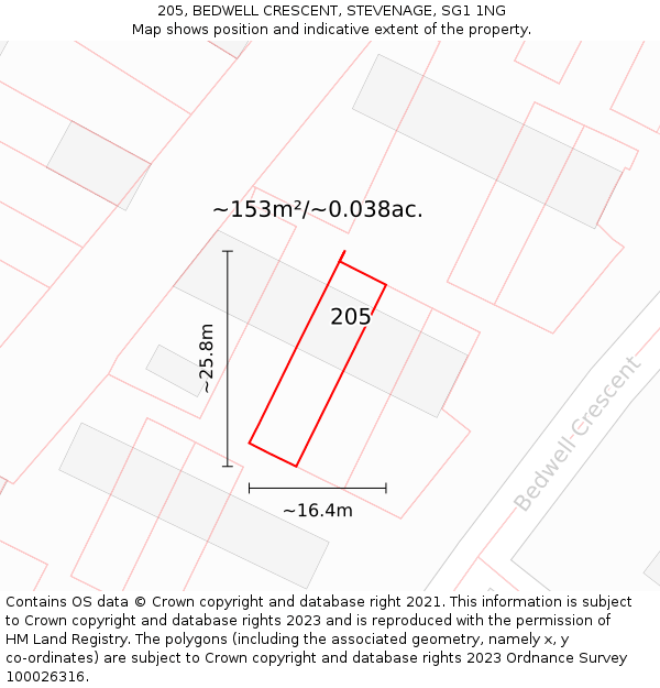 205, BEDWELL CRESCENT, STEVENAGE, SG1 1NG: Plot and title map