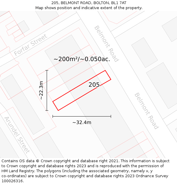 205, BELMONT ROAD, BOLTON, BL1 7AT: Plot and title map