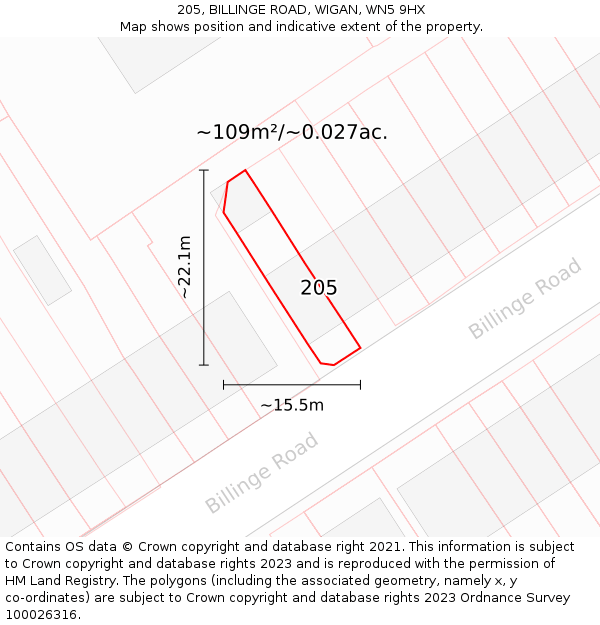 205, BILLINGE ROAD, WIGAN, WN5 9HX: Plot and title map