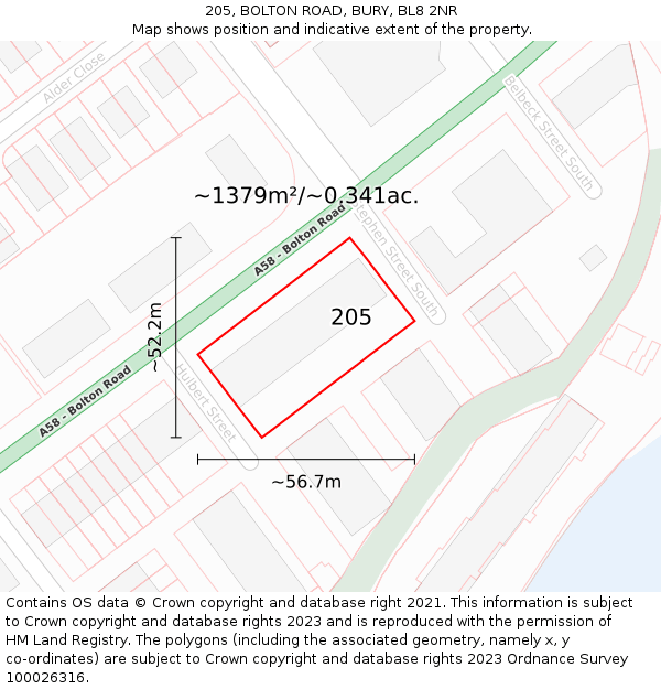 205, BOLTON ROAD, BURY, BL8 2NR: Plot and title map