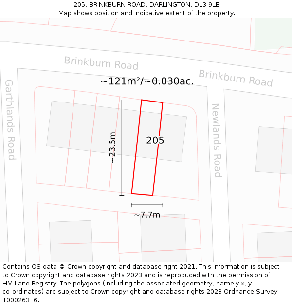205, BRINKBURN ROAD, DARLINGTON, DL3 9LE: Plot and title map