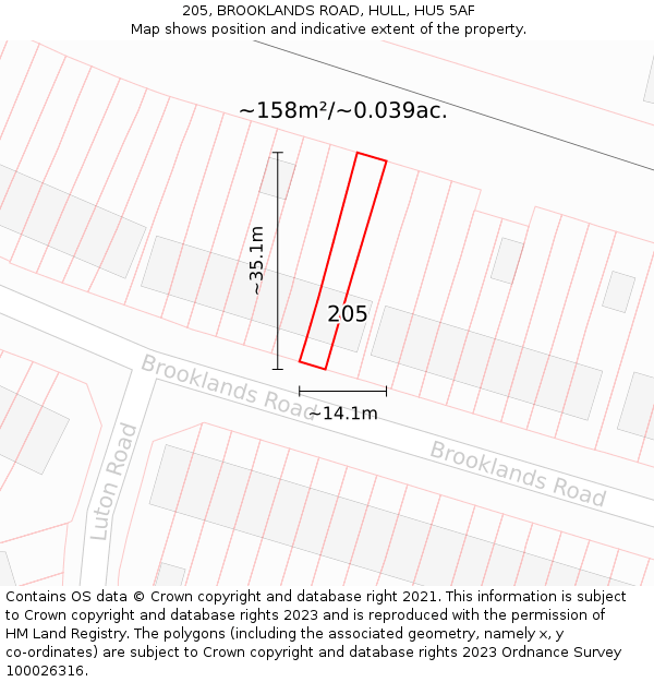 205, BROOKLANDS ROAD, HULL, HU5 5AF: Plot and title map