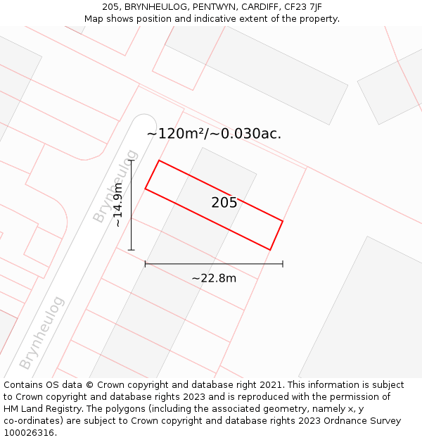 205, BRYNHEULOG, PENTWYN, CARDIFF, CF23 7JF: Plot and title map