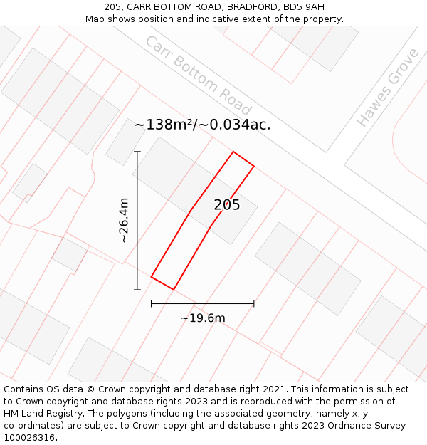 205, CARR BOTTOM ROAD, BRADFORD, BD5 9AH: Plot and title map