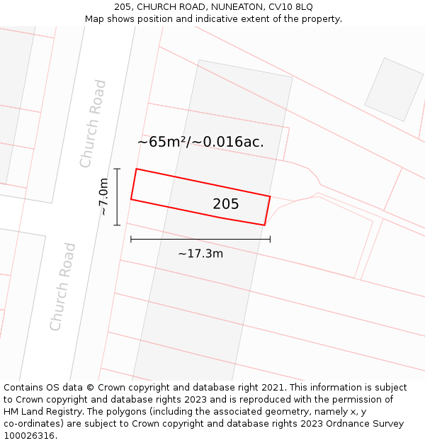 205, CHURCH ROAD, NUNEATON, CV10 8LQ: Plot and title map