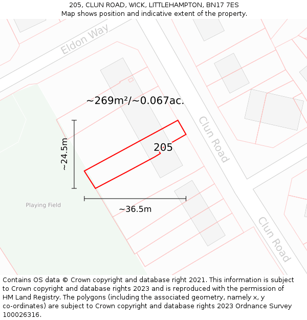 205, CLUN ROAD, WICK, LITTLEHAMPTON, BN17 7ES: Plot and title map