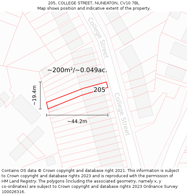 205, COLLEGE STREET, NUNEATON, CV10 7BL: Plot and title map