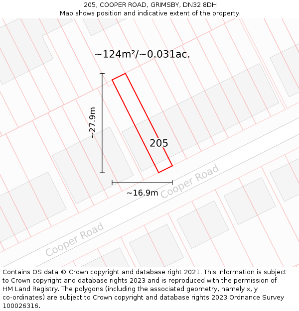 205, COOPER ROAD, GRIMSBY, DN32 8DH: Plot and title map