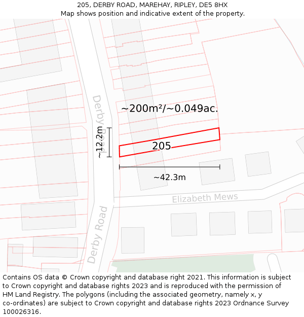 205, DERBY ROAD, MAREHAY, RIPLEY, DE5 8HX: Plot and title map
