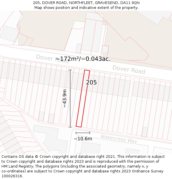 205, DOVER ROAD, NORTHFLEET, GRAVESEND, DA11 9QN: Plot and title map