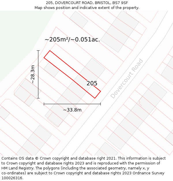 205, DOVERCOURT ROAD, BRISTOL, BS7 9SF: Plot and title map