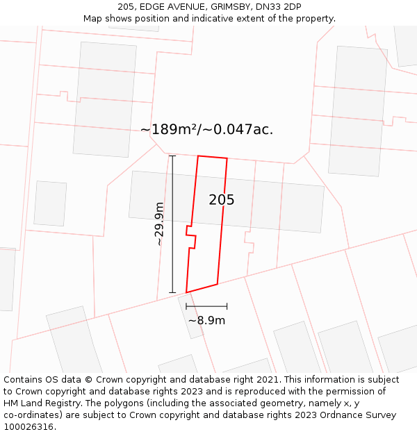 205, EDGE AVENUE, GRIMSBY, DN33 2DP: Plot and title map