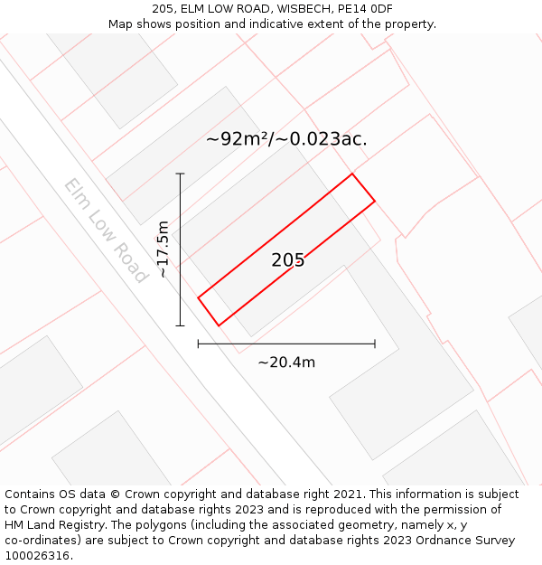 205, ELM LOW ROAD, WISBECH, PE14 0DF: Plot and title map