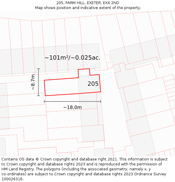205, FARM HILL, EXETER, EX4 2ND: Plot and title map