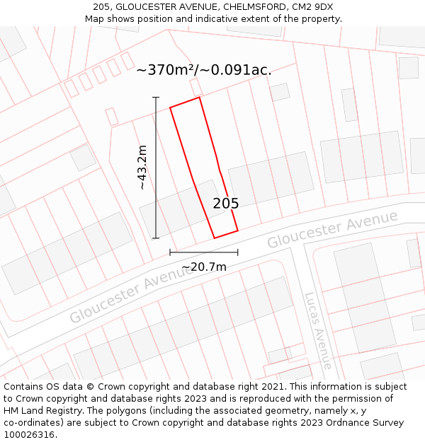 205, GLOUCESTER AVENUE, CHELMSFORD, CM2 9DX: Plot and title map