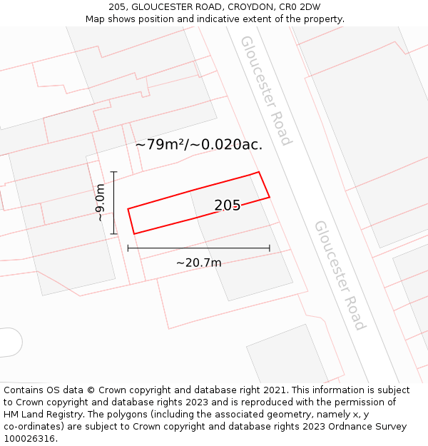 205, GLOUCESTER ROAD, CROYDON, CR0 2DW: Plot and title map