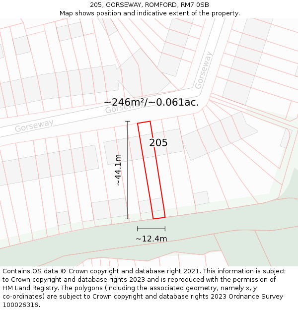205, GORSEWAY, ROMFORD, RM7 0SB: Plot and title map
