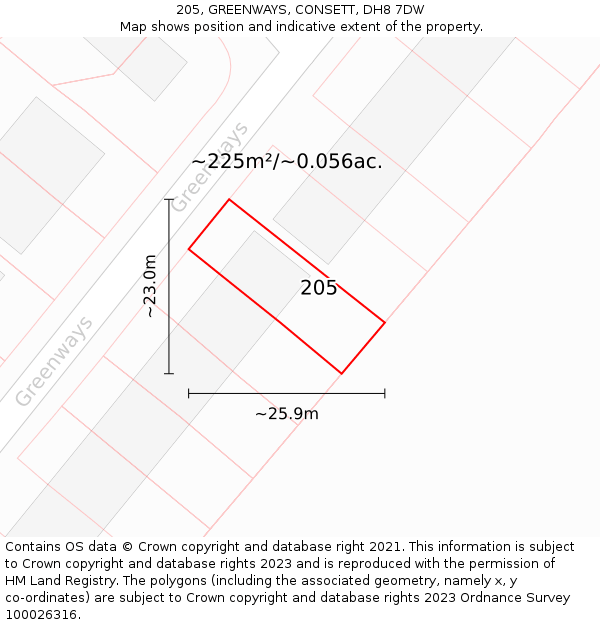 205, GREENWAYS, CONSETT, DH8 7DW: Plot and title map