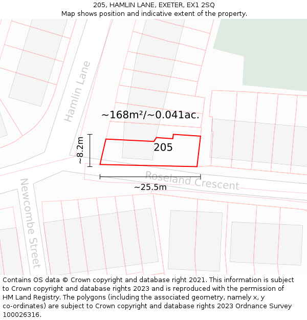 205, HAMLIN LANE, EXETER, EX1 2SQ: Plot and title map