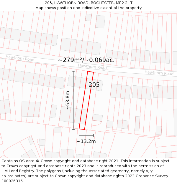 205, HAWTHORN ROAD, ROCHESTER, ME2 2HT: Plot and title map
