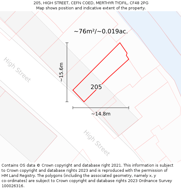 205, HIGH STREET, CEFN COED, MERTHYR TYDFIL, CF48 2PG: Plot and title map